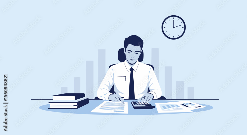 Poster busy accountant working on financial reports with graph in the background