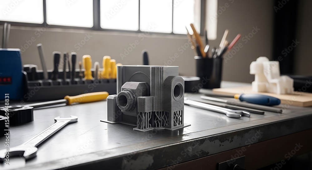 Poster close-up view of a metallic engine model on a workbench with tools and brushes. the workshop is brig