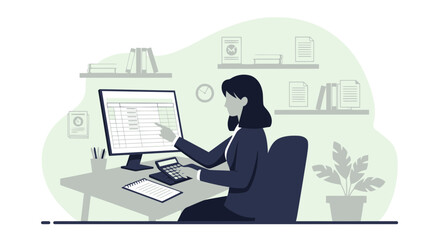 Businesswoman Working On Financial Data At Her Desk With Computer