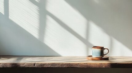Simple coffee cup on wooden shelf with sunlit shadows.