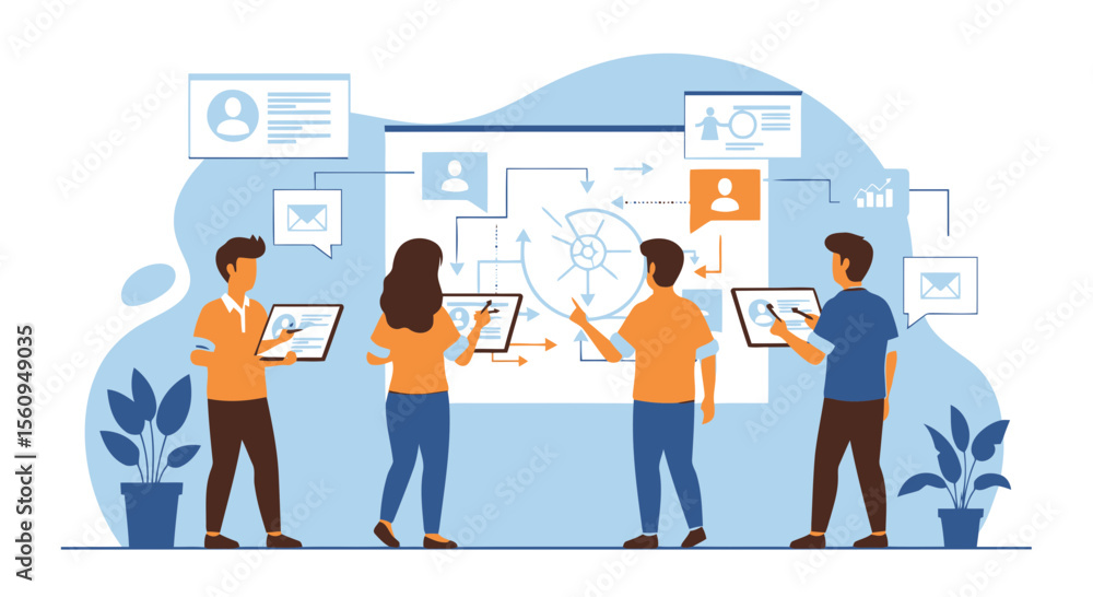 Poster collaborative planning session with digital tools for workflow optimization