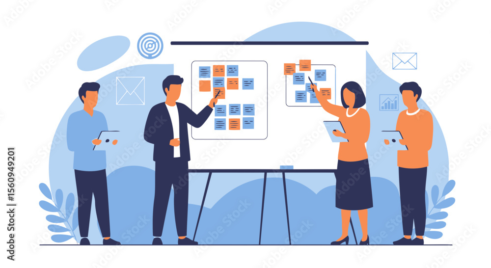 Poster creative business team collaborating on project with agile board presentation