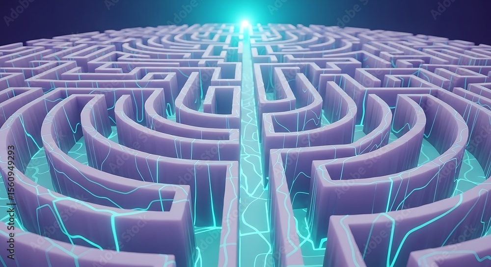 Poster intricate digital illustration of a maze with glowing teal pathways and soft purple walls. perspecti