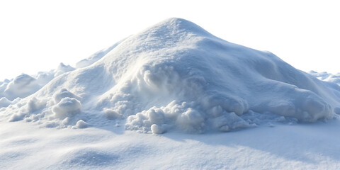 Large pile of white snow with textured drifts and shadows isolated on a transparent background winter