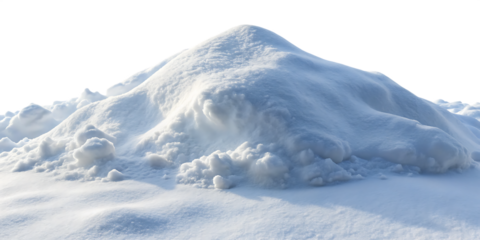 Large pile of white snow with textured drifts and shadows isolated on a transparent background winter