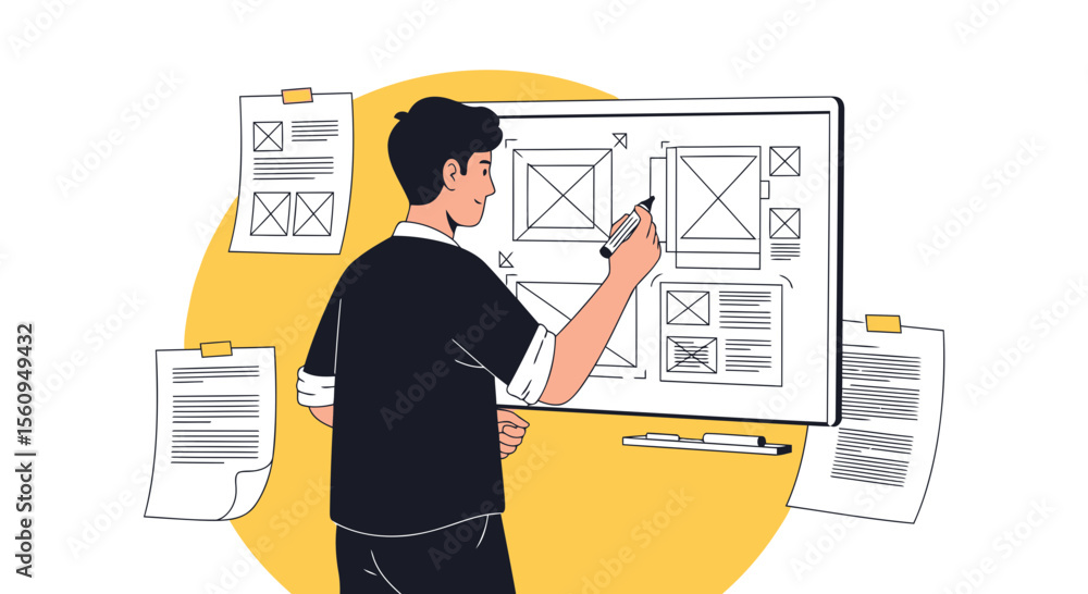 Aufkleber creative process man developing user interface sketching wireframe for website project