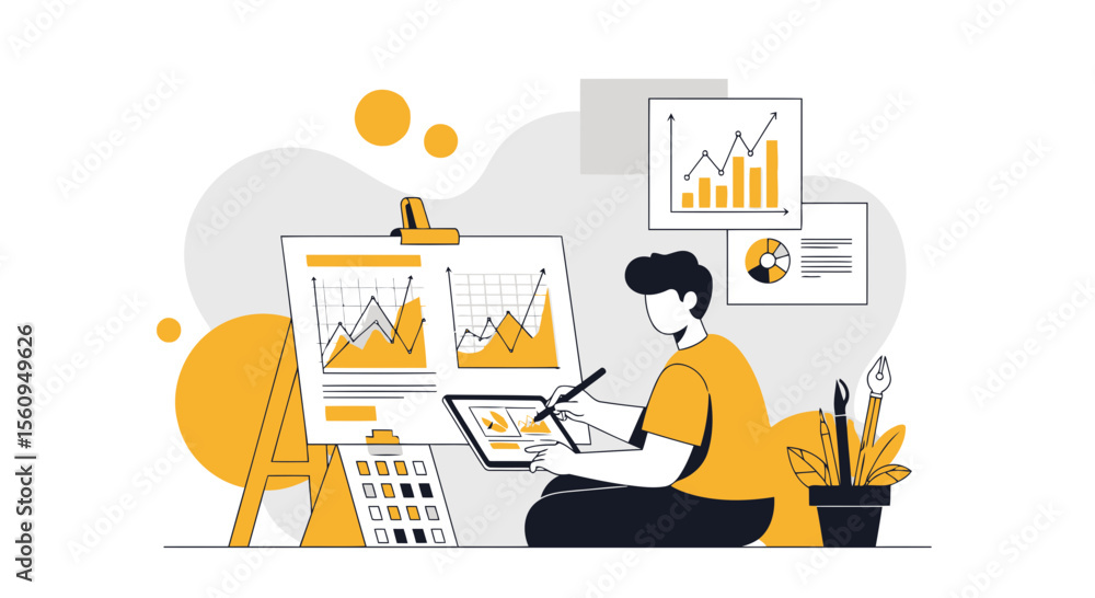 Poster data analyst creating growth charts on tablet for presentation board design
