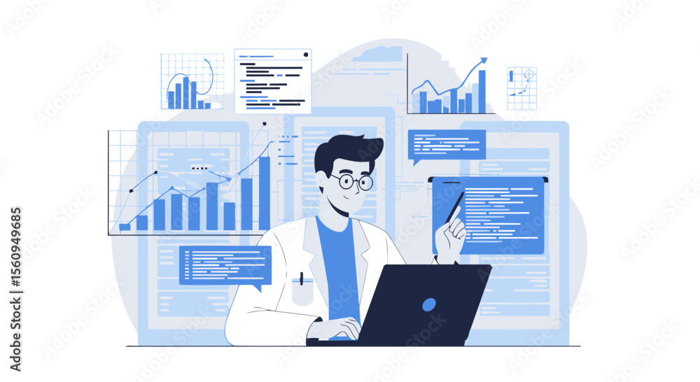 Poster data scientist analyzing growth graphs with laptop and charts behind him