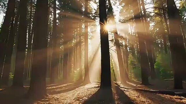 Nature sunrise, mountain trees and aerial view of the forrest and beautiful scenic in the outdoors. Drone and natural sunny landscape background of the wilderness environment for travel and scenery