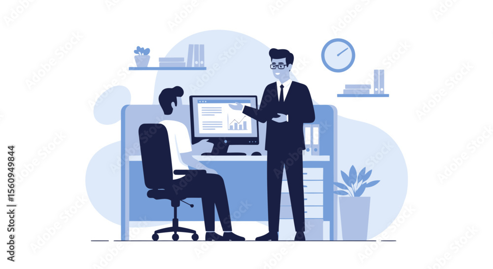 Poster discussing data analysis showing business growth with a colleague in office