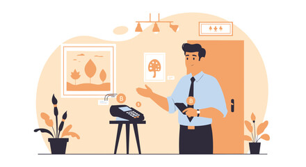 Manager Promotes Bitcoin Payment Method in Modern Art Gallery for Digital Currencies