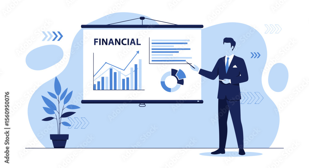 Poster elegant man presenting financial data on a projector screen with graph charts