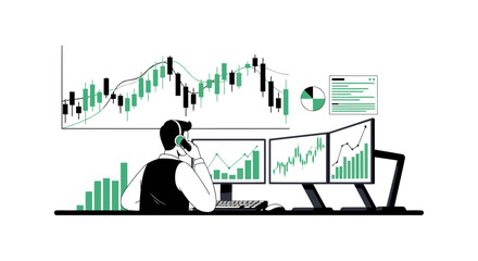 Financial Analyst Monitoring Stock Market Data On Multiple Computer Screens