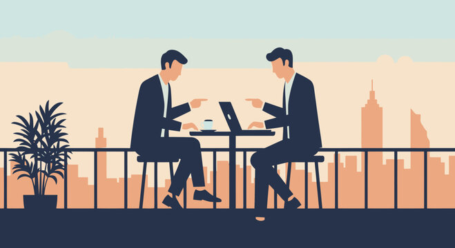 Executives Discussing Financial Projections On Rooftop Overlooking City Skyline