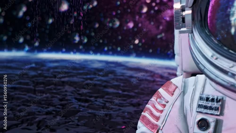 Aufkleber close-up video of an astronaut helmet reflecting a colorful cosmic scene. captured from a front angl