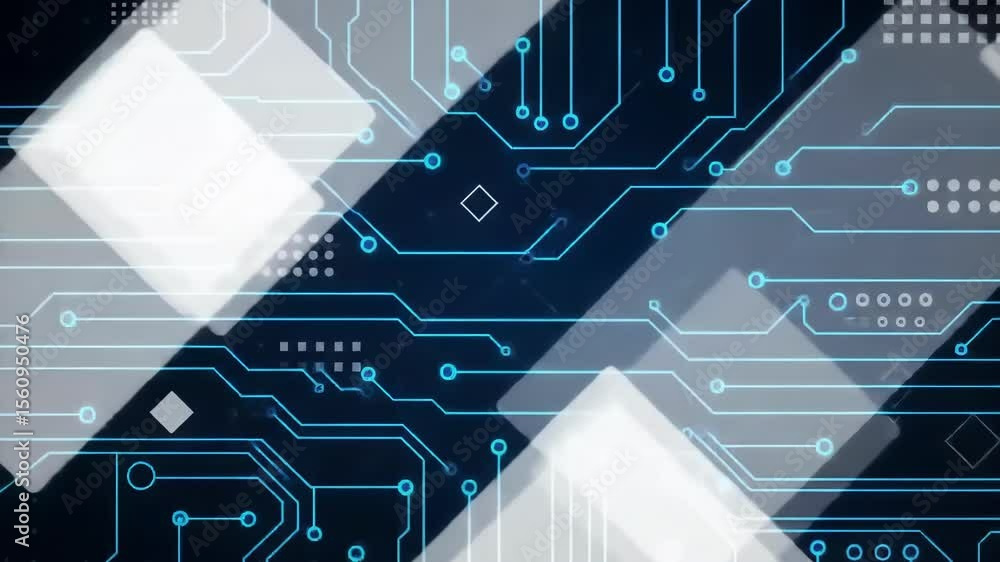 Poster a modern abstract background features a circuit board design with blue lines and geometric shapes on