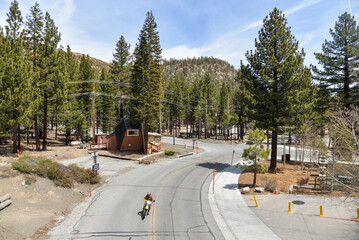 Mammoth Lakes, CA USA - July 25, 2023: motorcycle is riding on the road in Mammoth Lakes, California