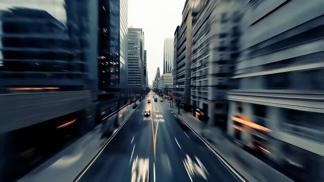 A dynamic, high-angle tracking shot moves rapidly down a wide city street lined with modern skyscrapers under an overcast sky, conveying urban speed.