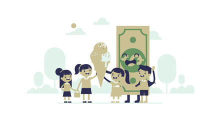 Joyful Childhood Treats Group Of Friends Enjoying Ice Cream With Happy Dollar