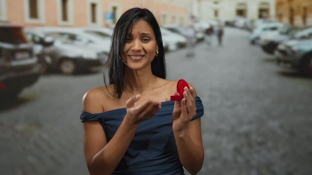 Woman outdoors holding engagement ring on a city street, expressing emotion, showing proposal acceptance against blurred cars and buildings in sunny urban setting.