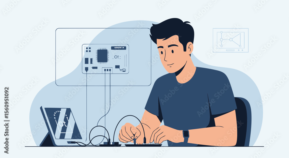 Poster innovative engineer working on electronics device in workplace with iot technology