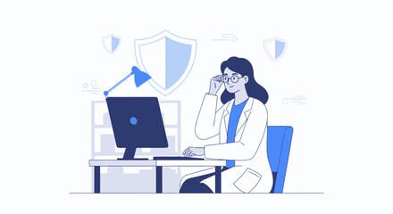 Doctor Working On Computer For Patient Data Security In The Clinic