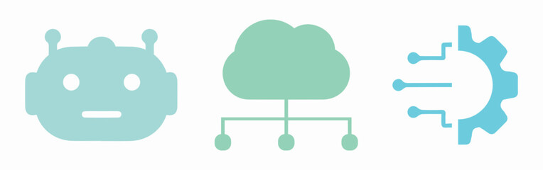 Robot, artificial intelligence, cloud, algorithm, blockchain, network, neural, machine, circuit, AI, brain, growth, graph, computing, automatic, machine learning. Set, icon, vector