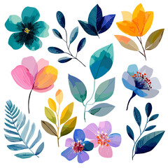 Colorful vector illustration of flowers and leaves on a clean white background