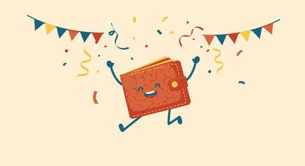 Joyful Wallet Celebrating Success With Confetti And Festive Banner Decoration