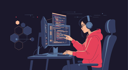 Dedicated Woman Coding With Dual Monitors In Home Office Environment