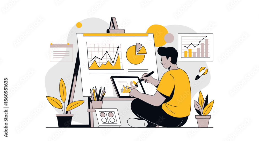 Poster man analyzing business data on digital tablet with financial charts displayed
