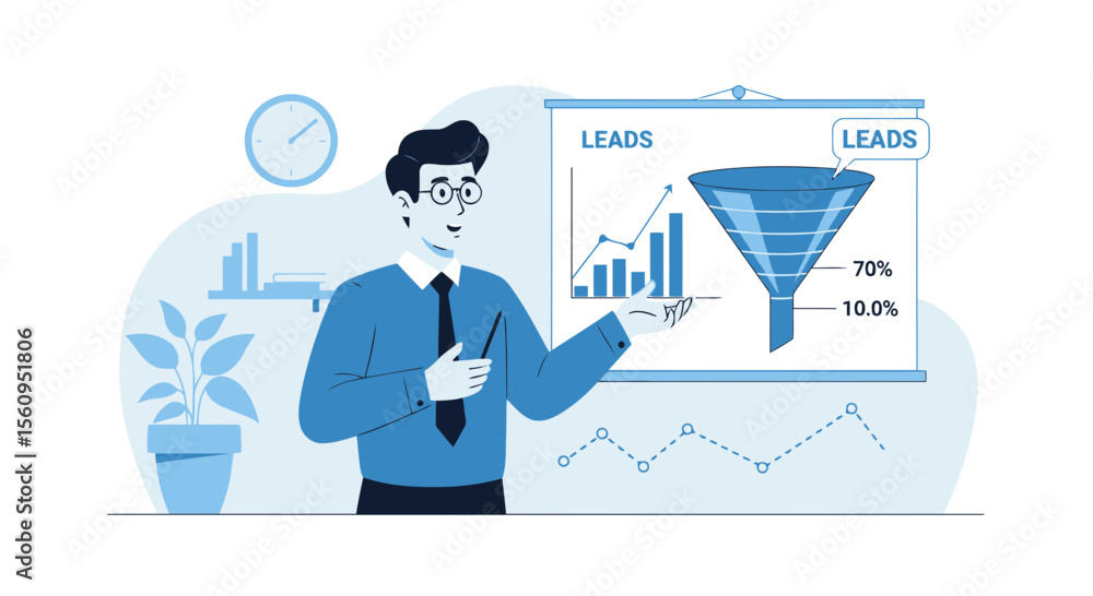 Poster man explaining lead generation strategy with charts and sales funnel conversion