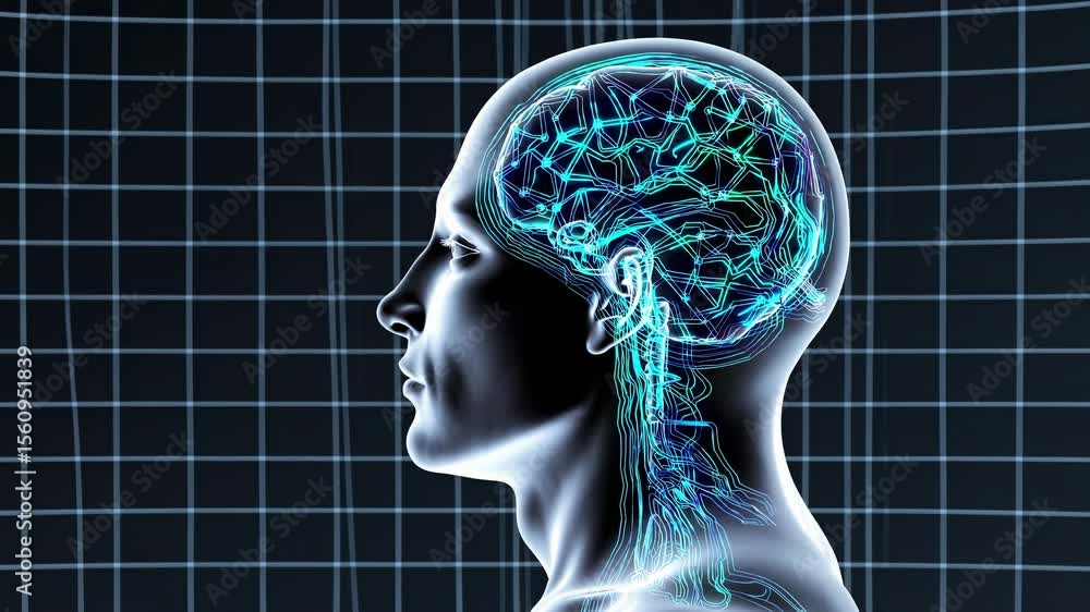 Poster side profile of a human head with a digital brain network overlay, captured from a side angle. futur
