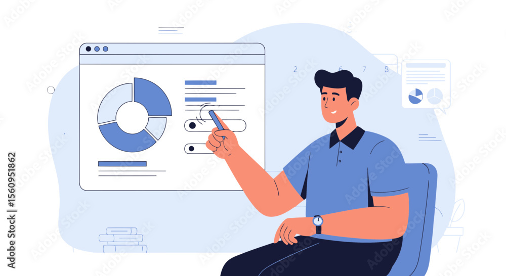 Poster man interacting with data visualization dashboard analyzing charts and graphs