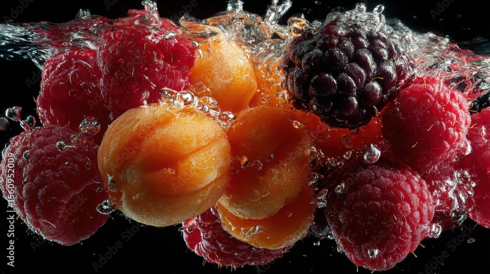 Poster assorted fresh berries including raspberries blackberries and peaches splashing in water with dynami