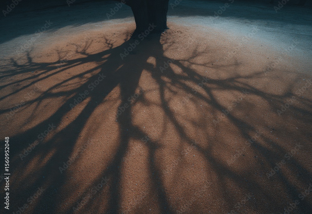 Poster A close-up view of a large tree casting intricate shadows on sandy ground du daylight with a clear sky, emphasizing natural beauty and tranquility