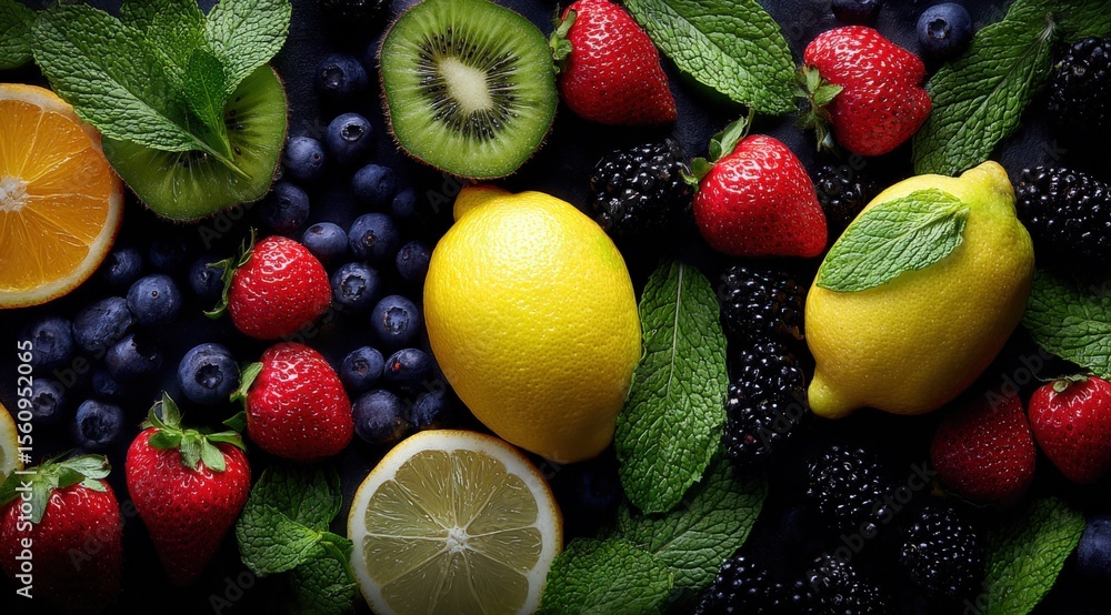 Aufkleber assorted fresh colorful berries and citrus fruits with green mint leaves on a dark background for he