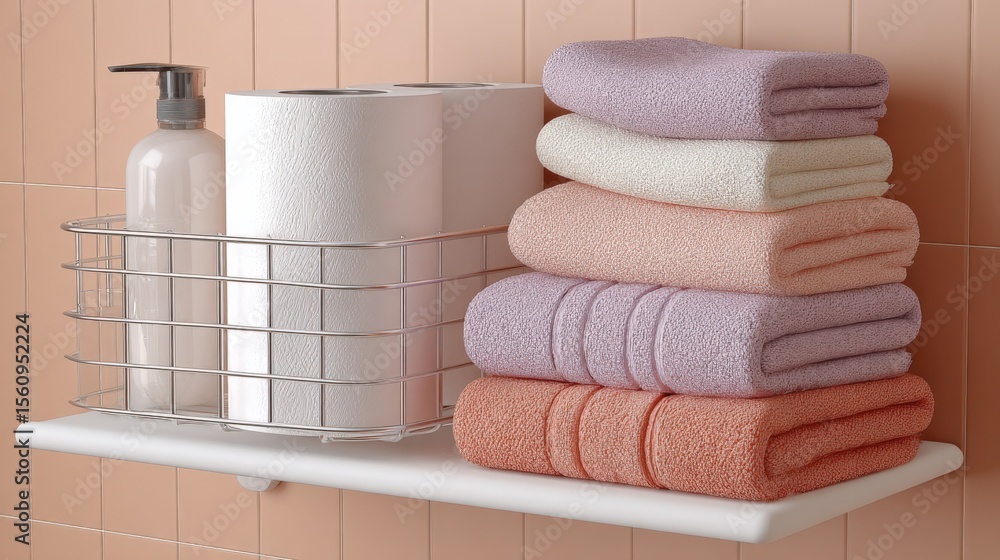 Aufkleber neatly stacked colorful towels on a bathroom shelf with soap dispenser and toilet paper rolls in a m