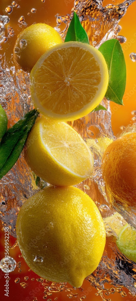 Aufkleber refreshing assorted citrus fruits lemons limes oranges juicy sliced whole and halved with splash wat