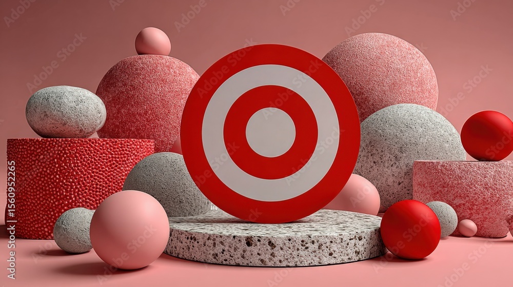 Poster Vibrant pink and grey geometric abstract composition with spheres textured blocks and large red and white bullseye focal point