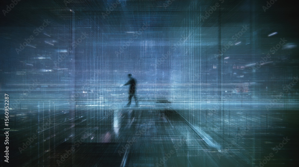 Poster Futuristic digital environment with a solitary person walking through a high-tech glowing cyber cityscape with holographic elements and digital grids