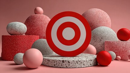 Vibrant pink and grey geometric abstract composition with spheres textured blocks and large red and white bullseye focal point