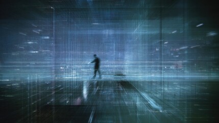 Futuristic digital environment with a solitary person walking through a high-tech glowing cyber cityscape with holographic elements and digital grids