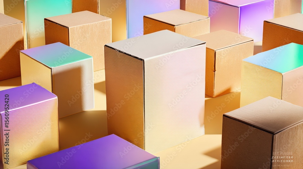 Poster Colorful Illuminated Cubes in Various Sizes with Reflective Surfaces and a Modern Abstract Artistic Composition