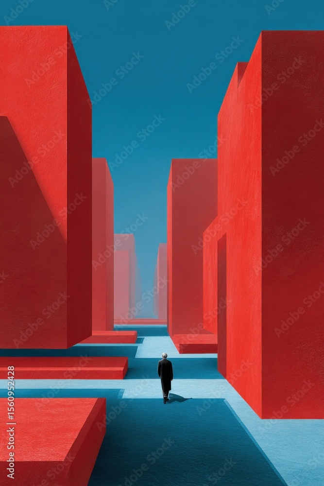 Aufkleber Modern minimalist urban architecture with large red rectangular buildings and a clear pathway under a bright blue sky