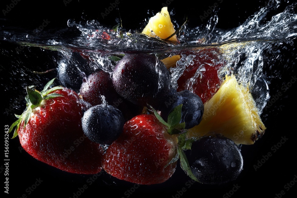 Poster fresh assorted berries and pine fruits splashing in water highlighting juicy colorful grouping in dy