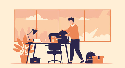 Man Packing Backpack In Minimalist Office Before Leaving For Trip Or Work