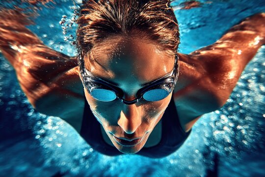 Close-up of a female swimmer wea goggles and a swimsuit performing a front crawl stroke underwater in a clear blue swimming pool du training and exercise