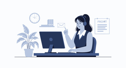 Woman Working On Computer With Headset In A Blue Toned Office Environment