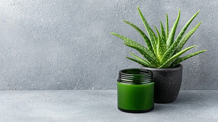Green jar and aloe vera plant on a gray surface.